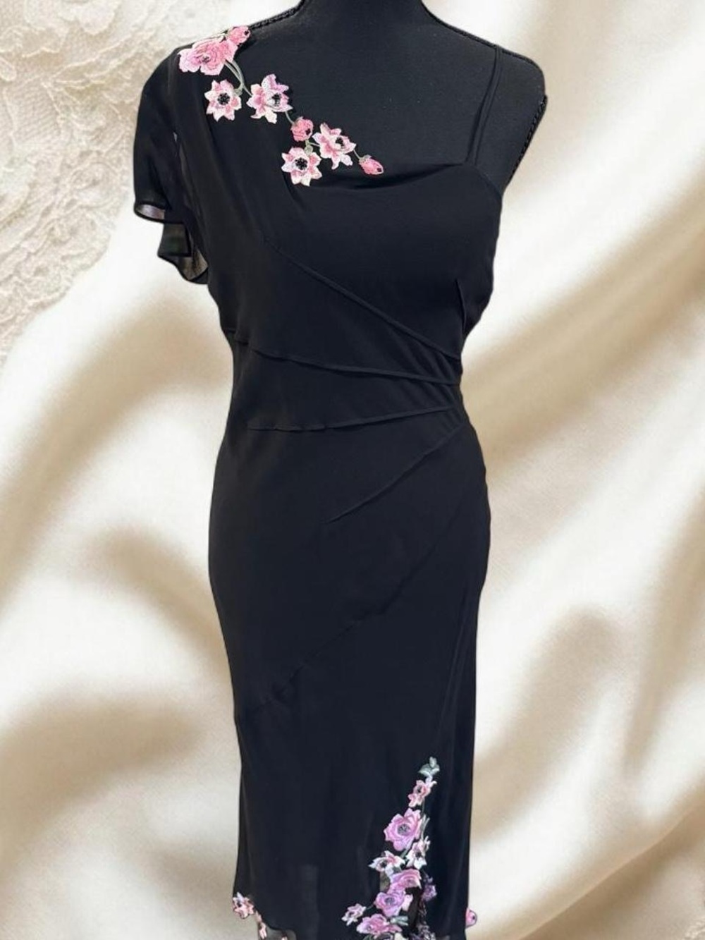 Karen Millen Silk Black One-Shoulder Dress with Pink Floral Appliqué